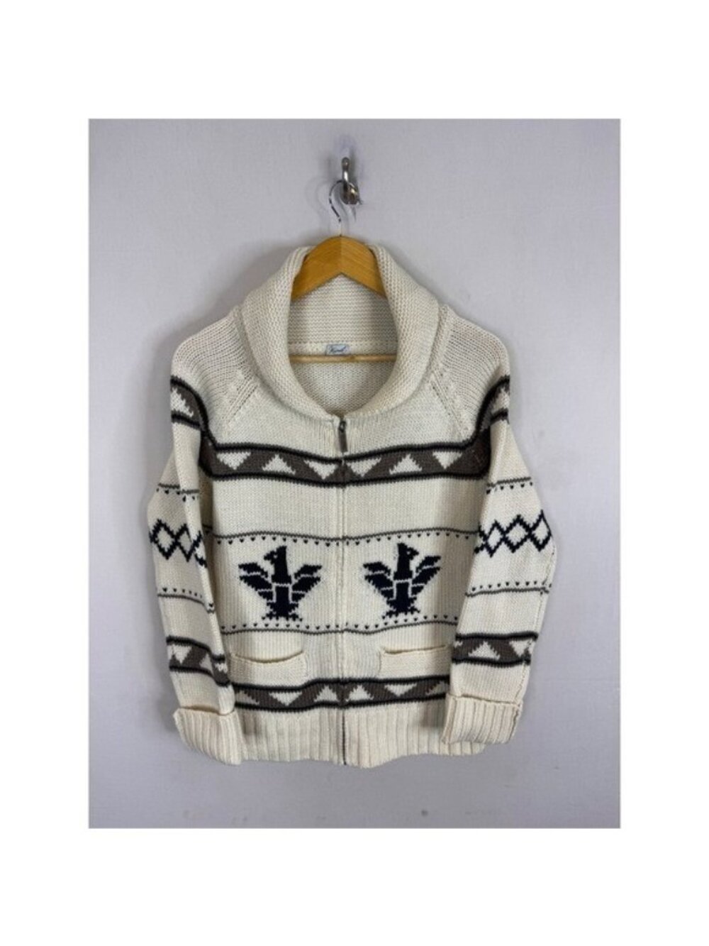 Kismet Cowichan Women L Thunderbird Knit Shawl Zip Cardigan Sweater Wool Blend